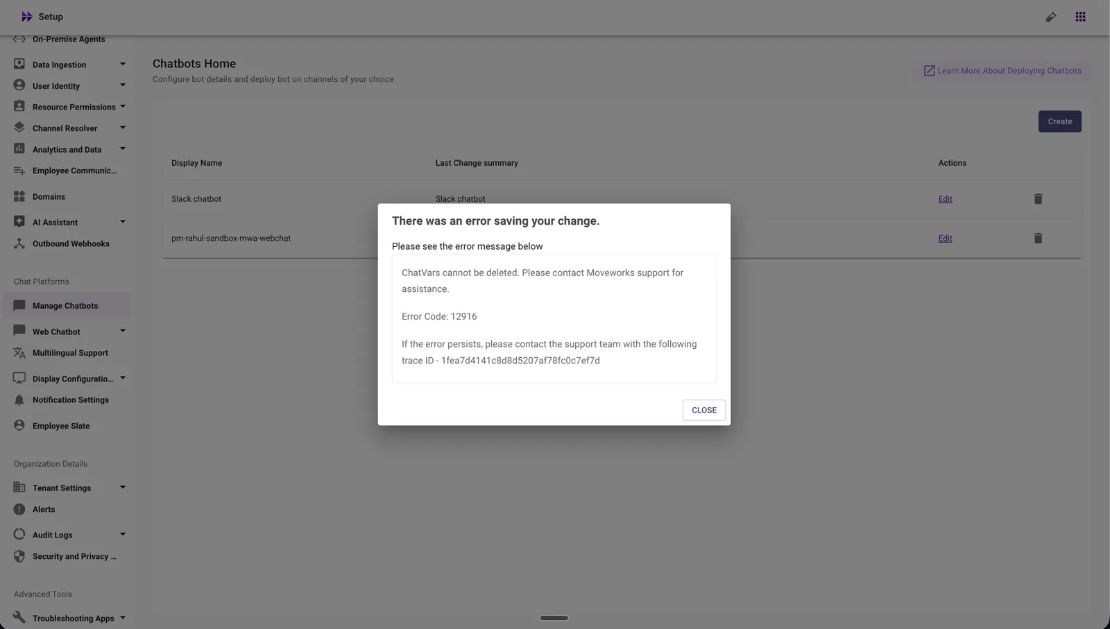 Error dialog reading 'ChatVars cannot be deleted. Please contact Moveworks support for assistance.'