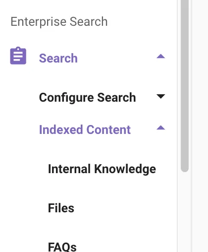 Moveworks Setup nav: Search → Indexed Content → Internal Knowledge / Files / FAQs