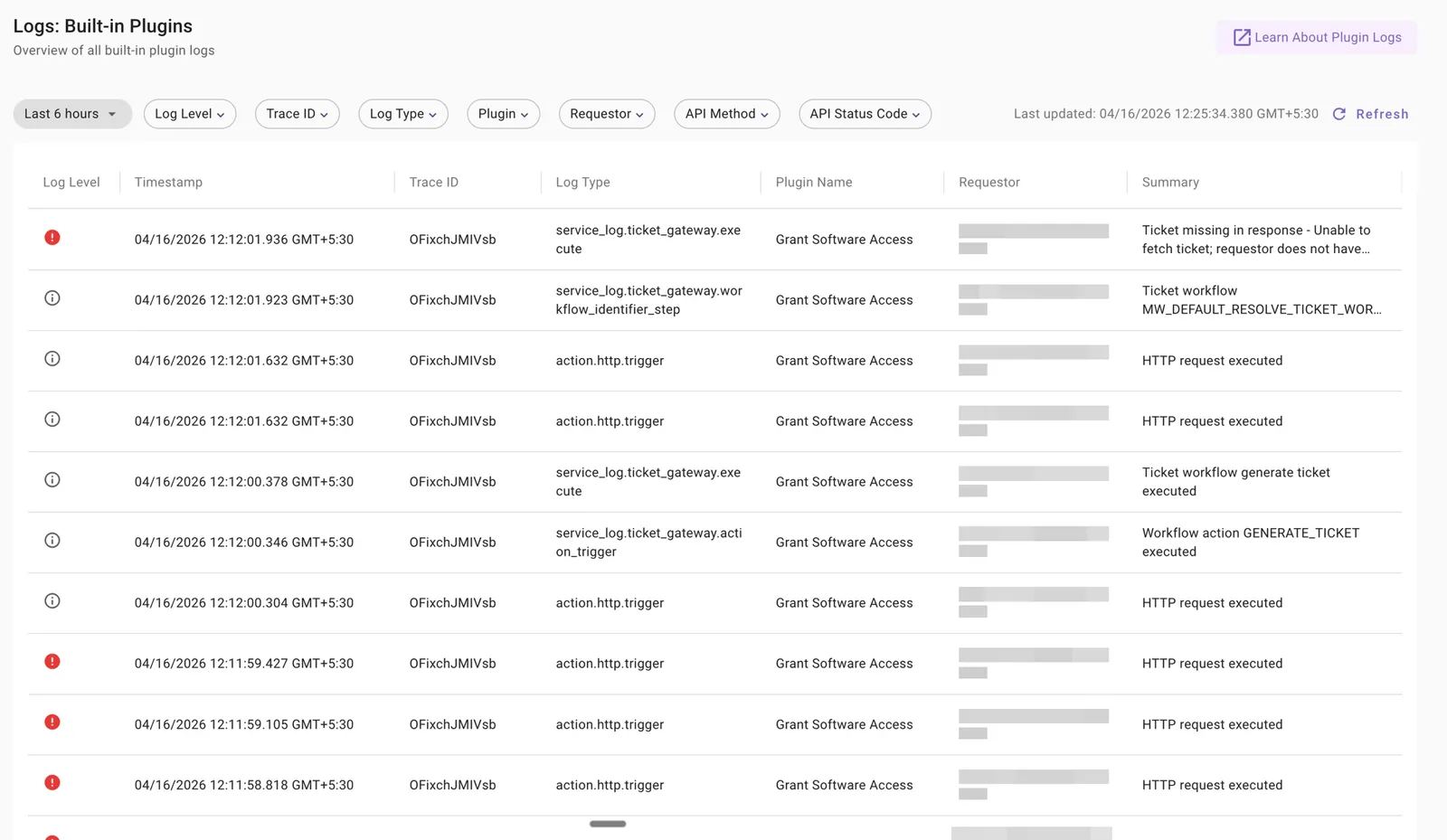 Built-in Plugin Logs table showing log entries with filters, log level, timestamp, trace ID, log type, plugin name, requestor, and summary columns