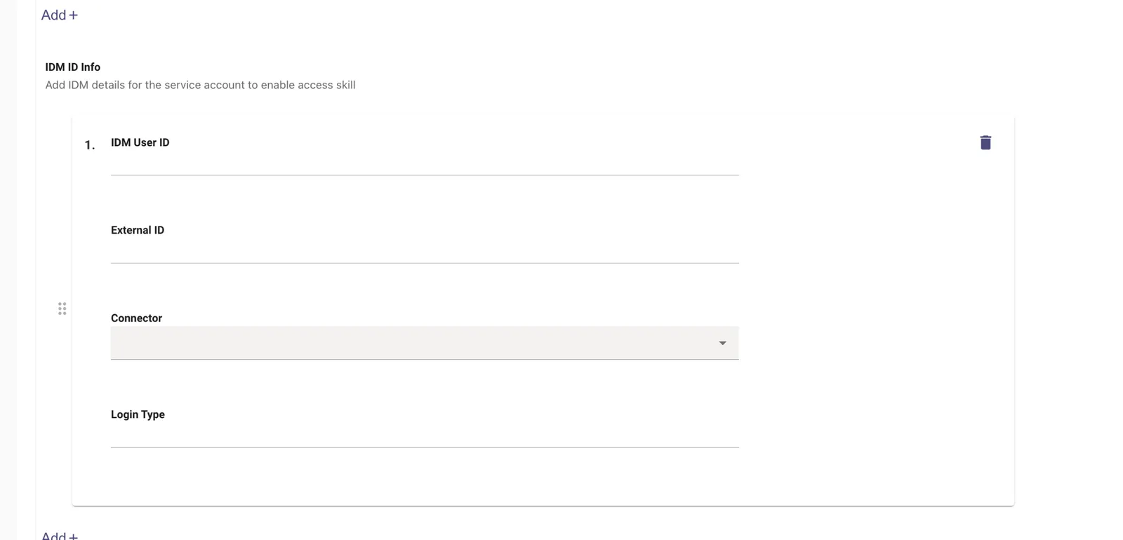 IDM ID Info entry on the Manual User Management page, showing the Connector dropdown