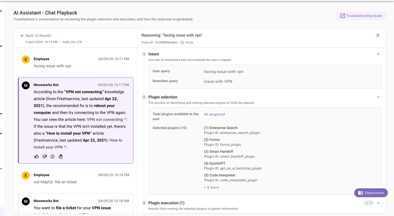 Chat Playback page showing a conversation and the plugin selection panel.