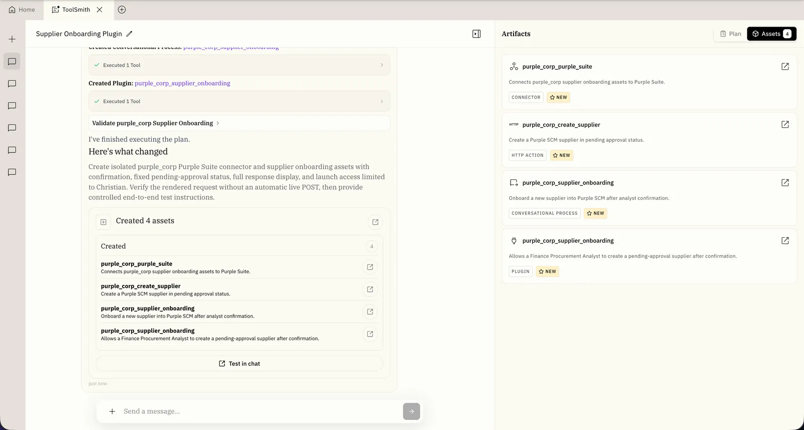 ToolSmith conversation and Assets panel listing a connector, HTTP action, conversational process, and plugin.