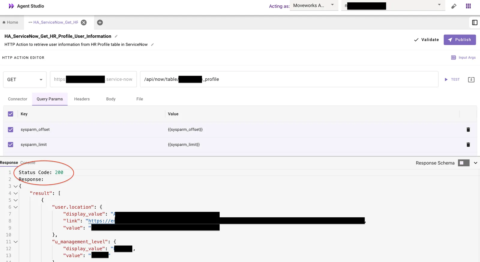 Testing an HTTP action in Tool Studio for an Identity Gateway connector.