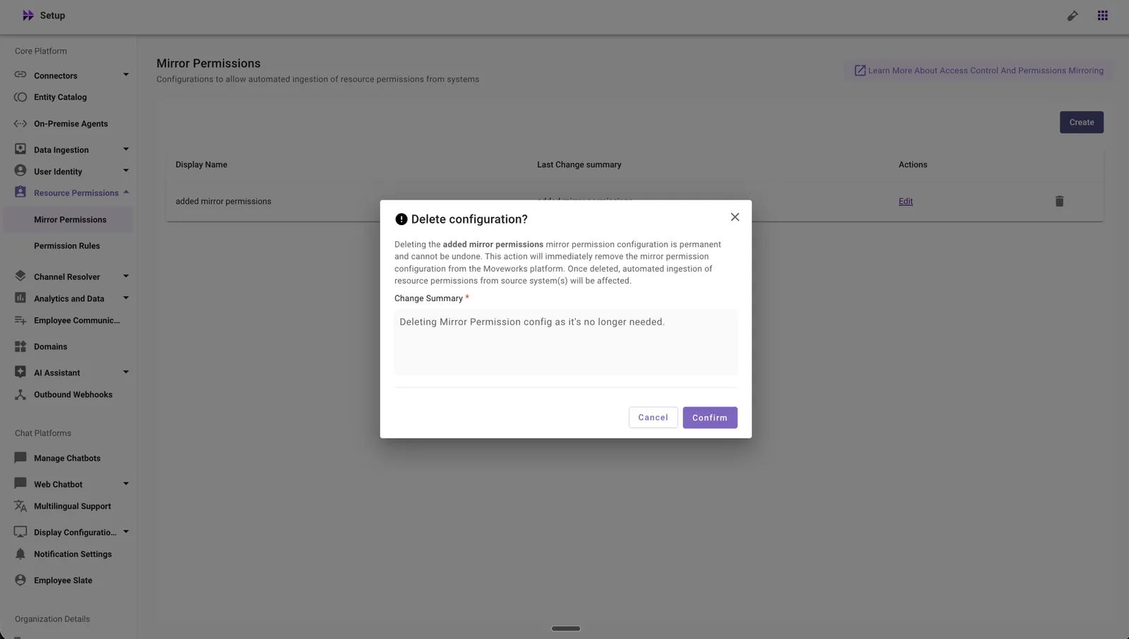 Review the delete configuration warning and enter a change summary