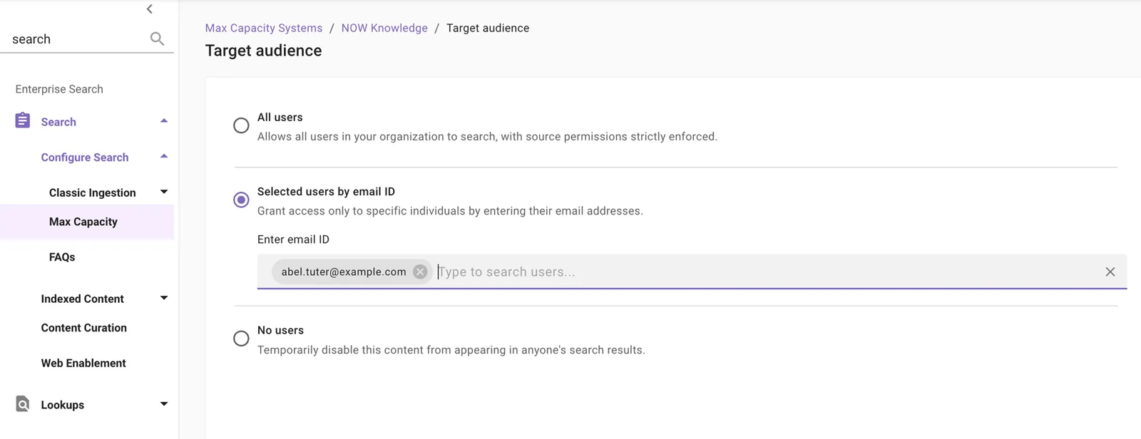 Target audience step for a knowledge source with Selected users by email ID chosen and an allowlisted email entered