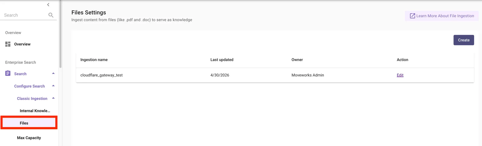 Files Settings. Configure a new Content Gateway ingestion