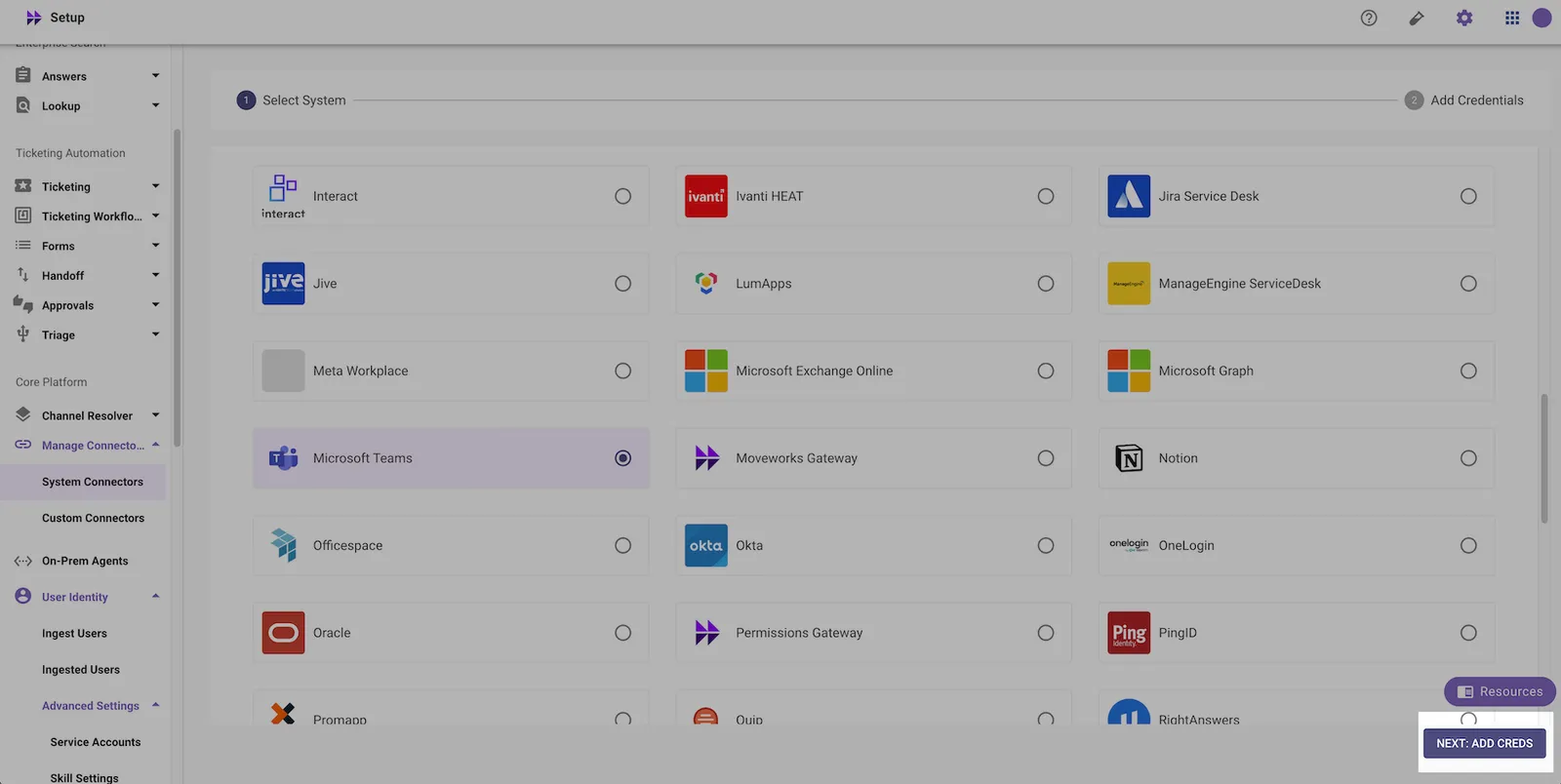 Microsoft Teams connector page with NEXT: ADD CREDS button highlighted