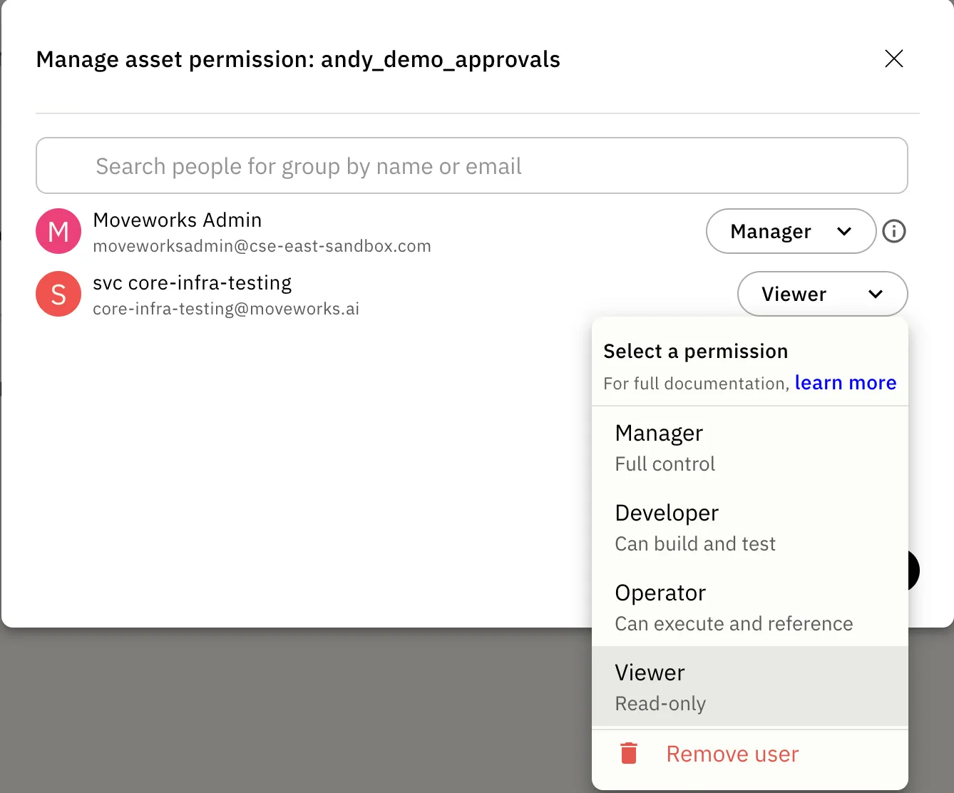 Asset access role picker listing Manager, Developer, Operator, and Viewer roles