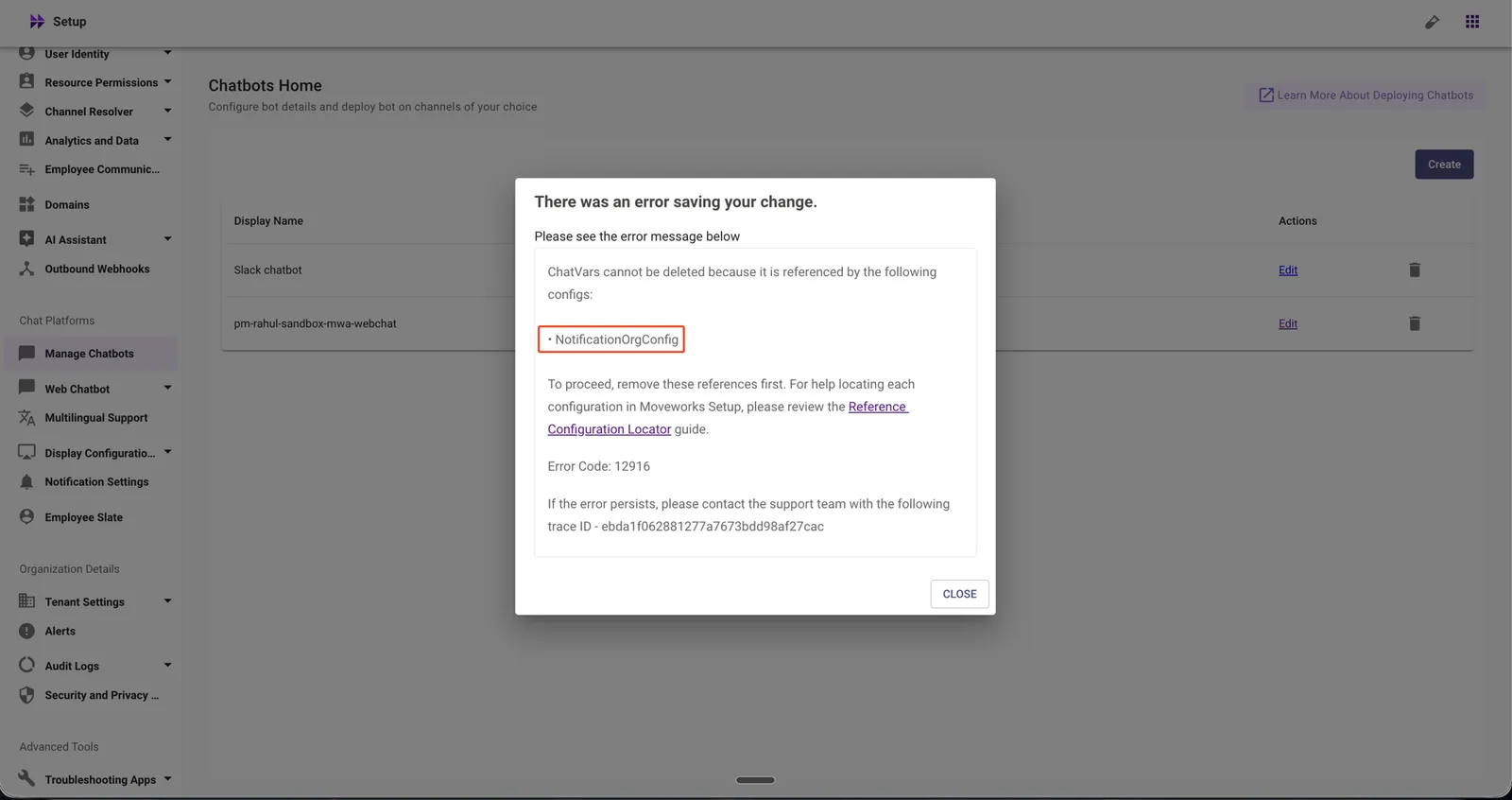 Delete error dialog listing NotificationOrgConfig as the configuration referencing this chatbot