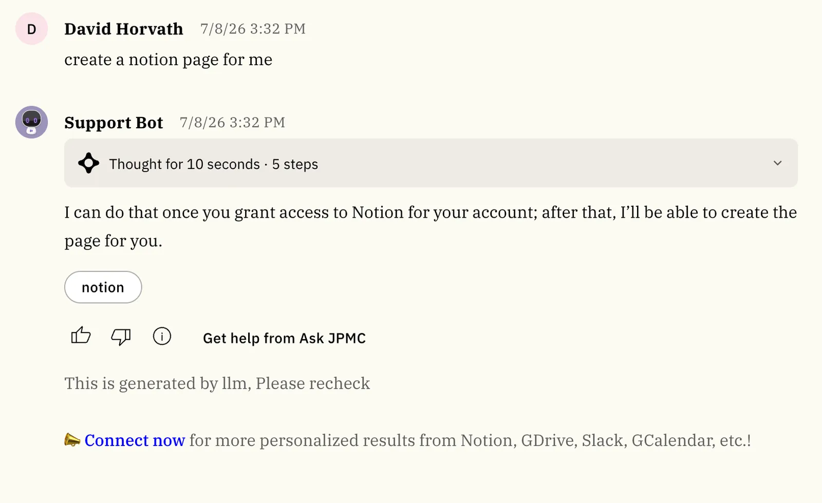Example conversation in which the assistant asks a user to connect an app before completing a request.