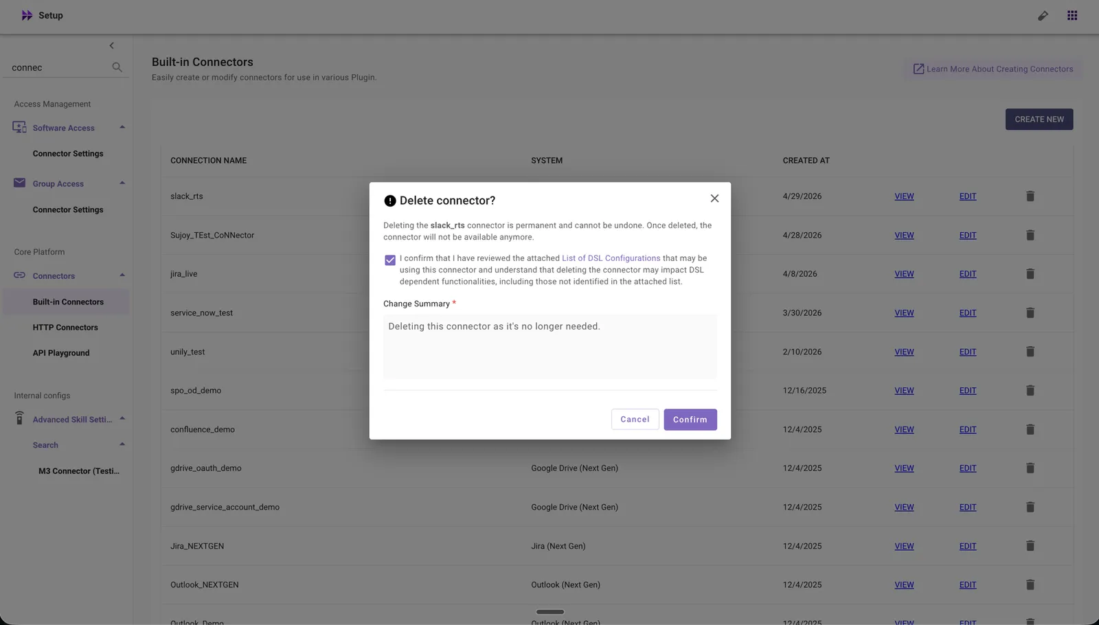 Review the delete connector warning, confirm the DSL review acknowledgement, and enter a change summary