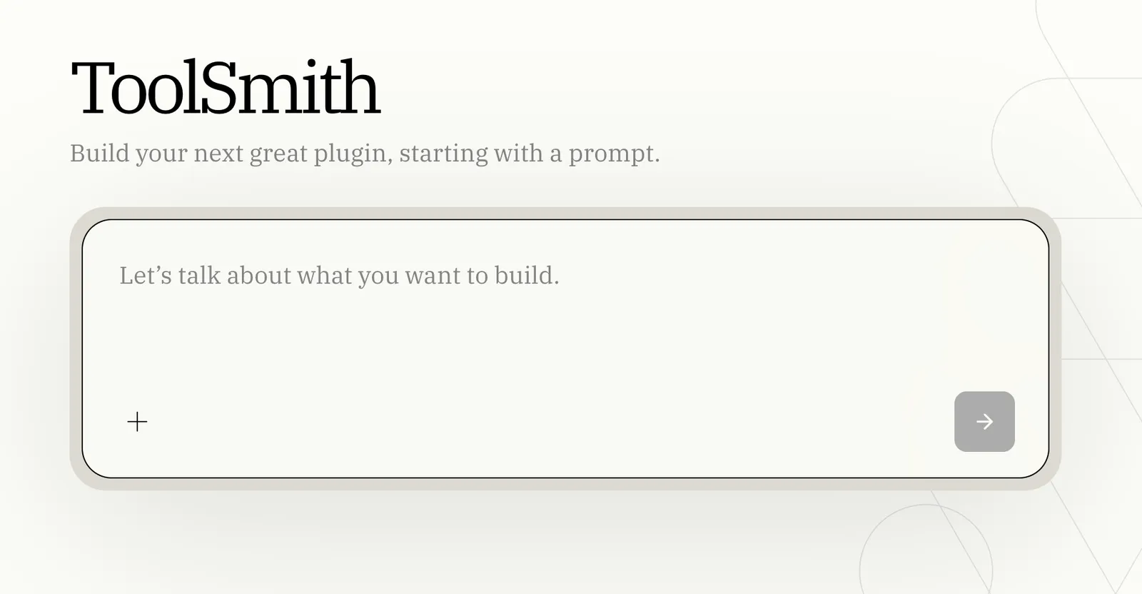 ToolSmith landing page with a prompt field for describing what to build.