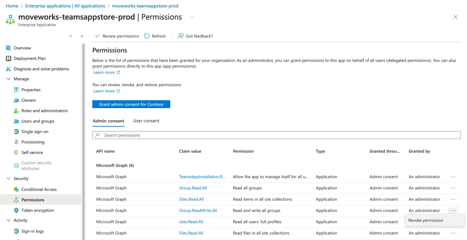 Remove permission menu in Azure Portal