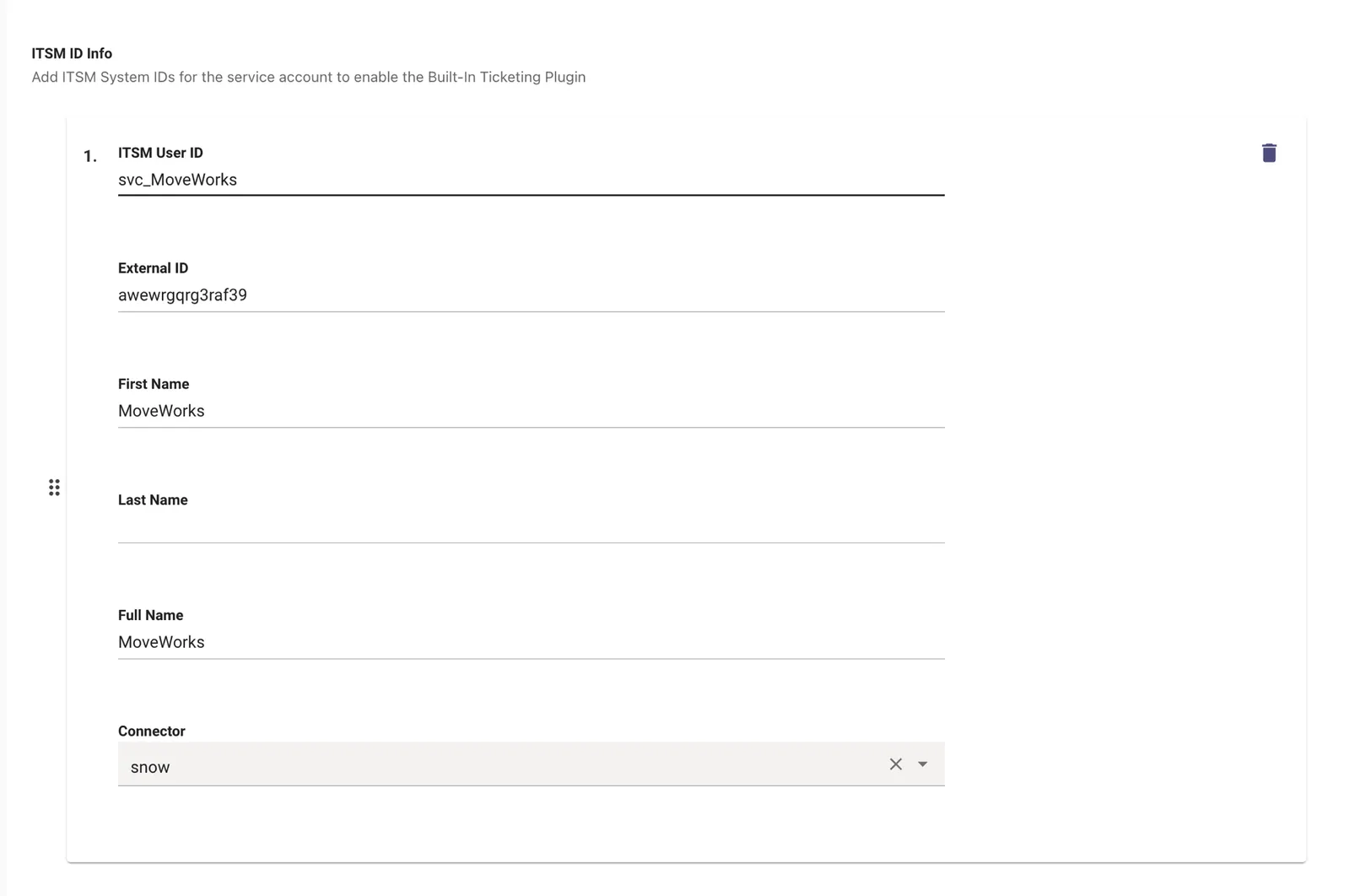 ITSM ID Info entry on the Bot Account page, showing the Connector dropdown at the bottom of the form
