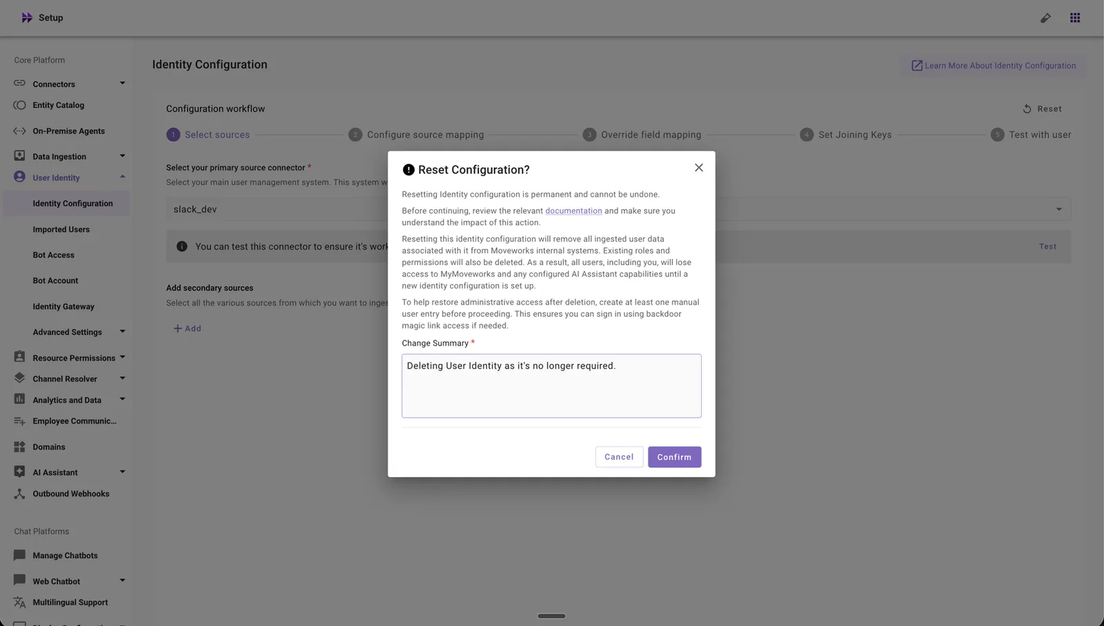 Review the reset configuration warning and enter a change summary