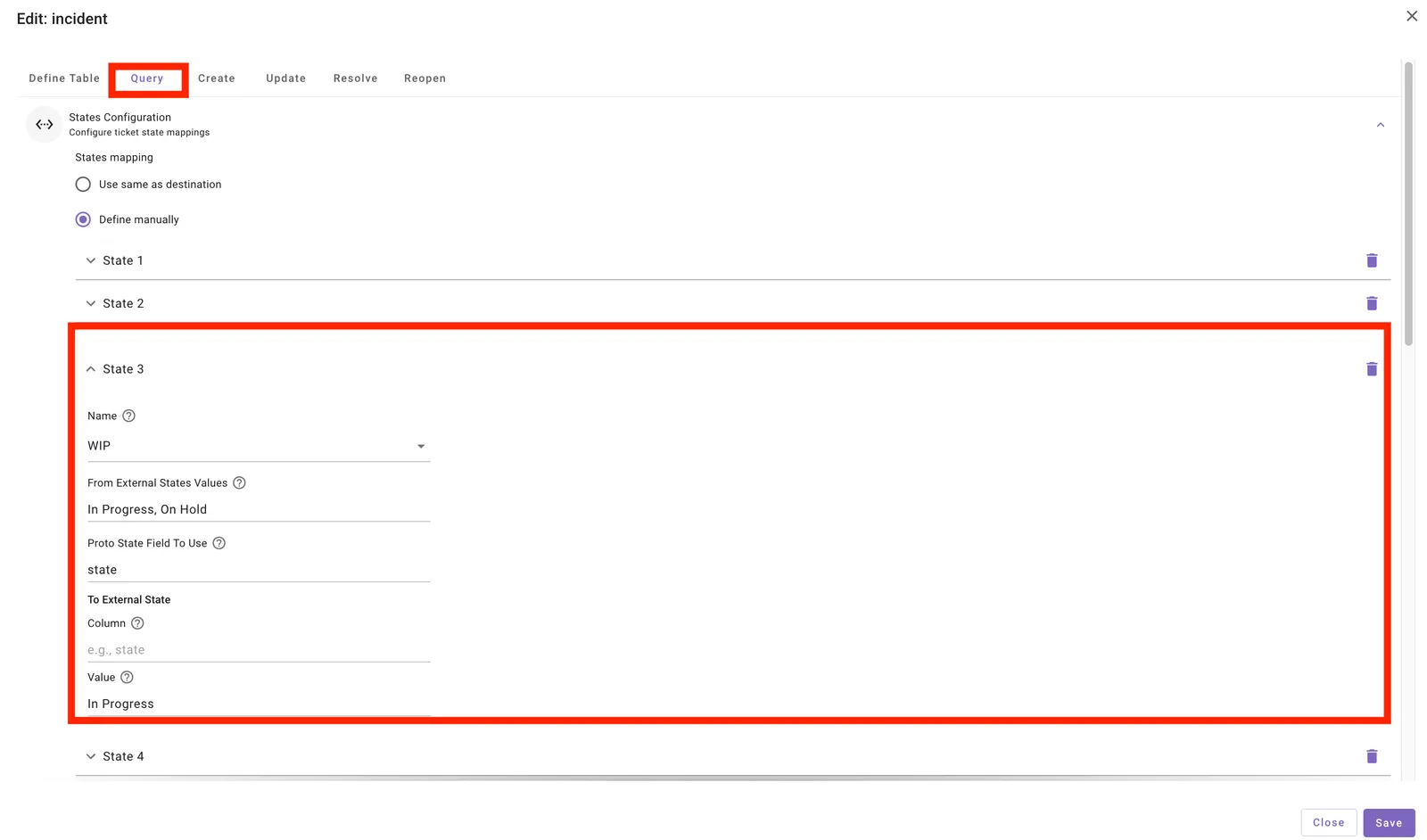 States Configuration showing how ServiceNow states map to Moveworks states
