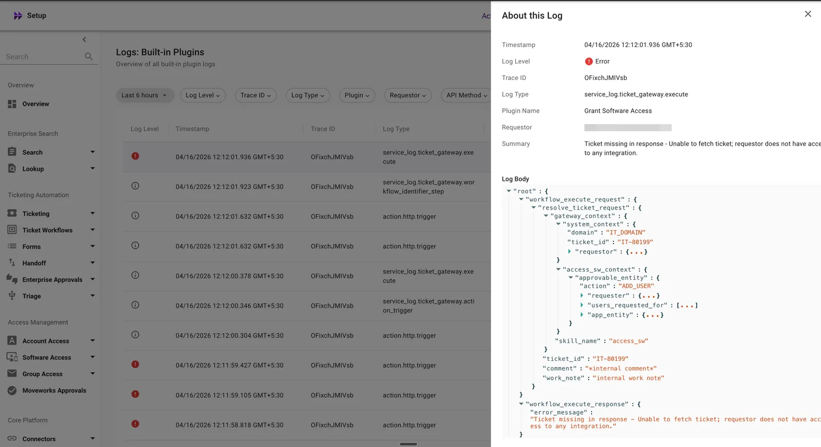 About this Log detail panel for an error log entry, showing log level, trace ID, log type, plugin name, summary with error message, and JSON log body