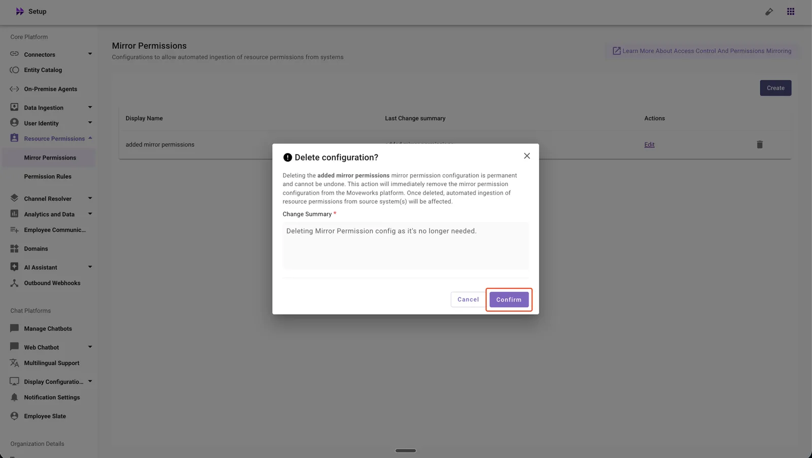 Confirm the Mirror Permissions configuration deletion