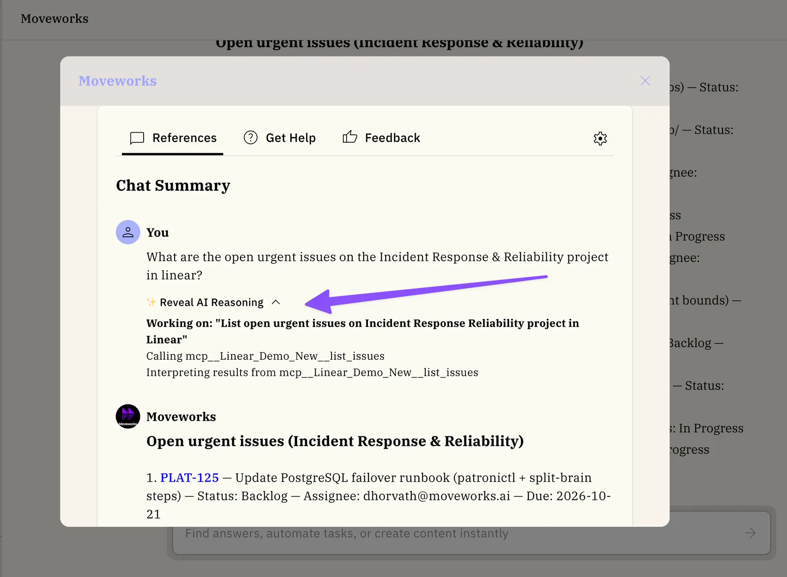 Reveal AI Reasoning panel showing an MCP tool call with an mcp__ prefix.