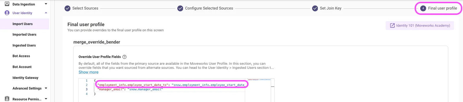 Final user profile step showing the employment_info.employee_start_date_ts field overridden from the ServiceNow source in the Override User Profile Fields editor