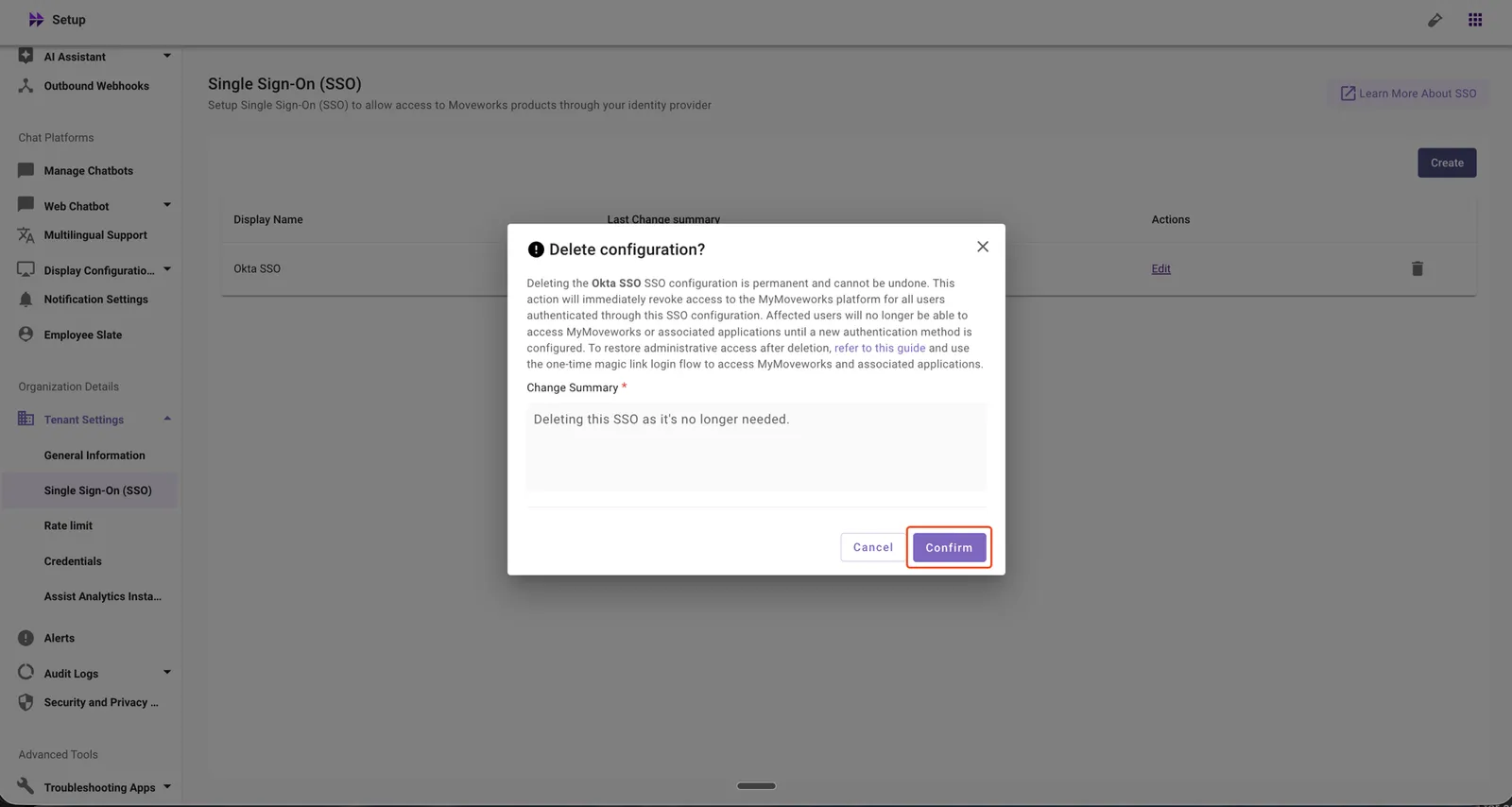 Confirm the SSO configuration deletion
