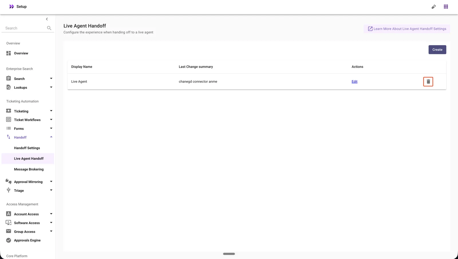 Click the delete icon next to the Live Agent configuration