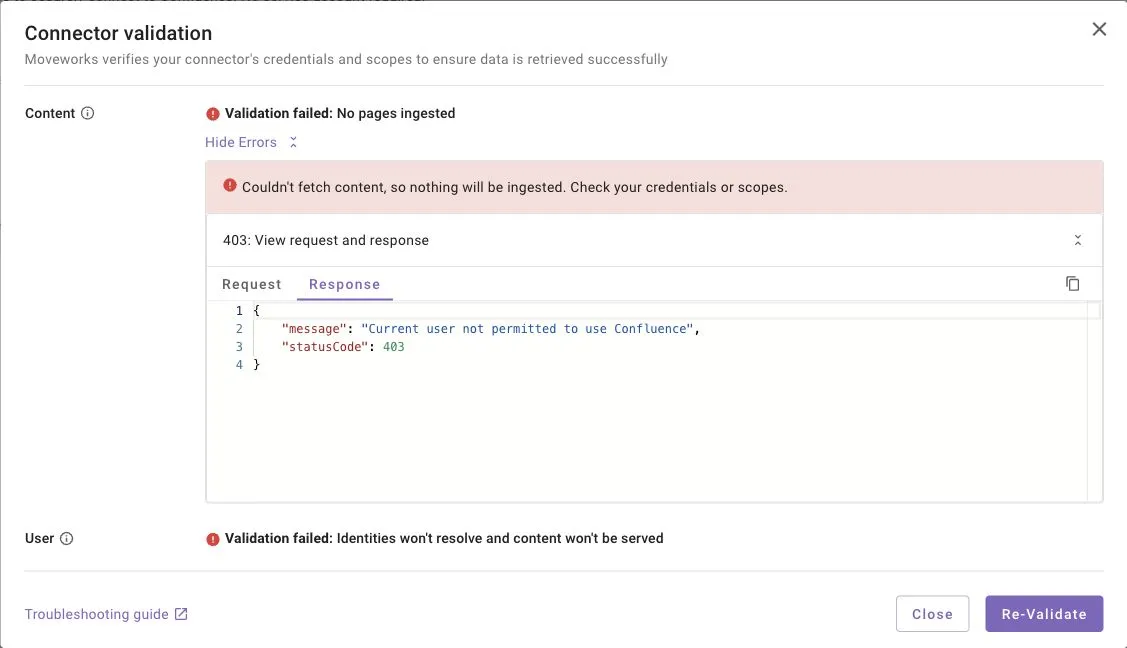 Expanded validation finding with Request and Response tabs and a Confluence response reporting HTTP 403.