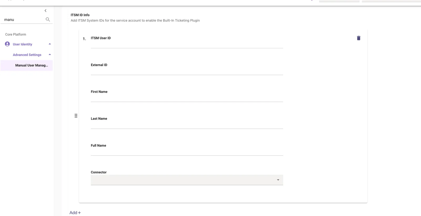 ITSM ID Info entry on the Manual User Management page, showing the Connector dropdown