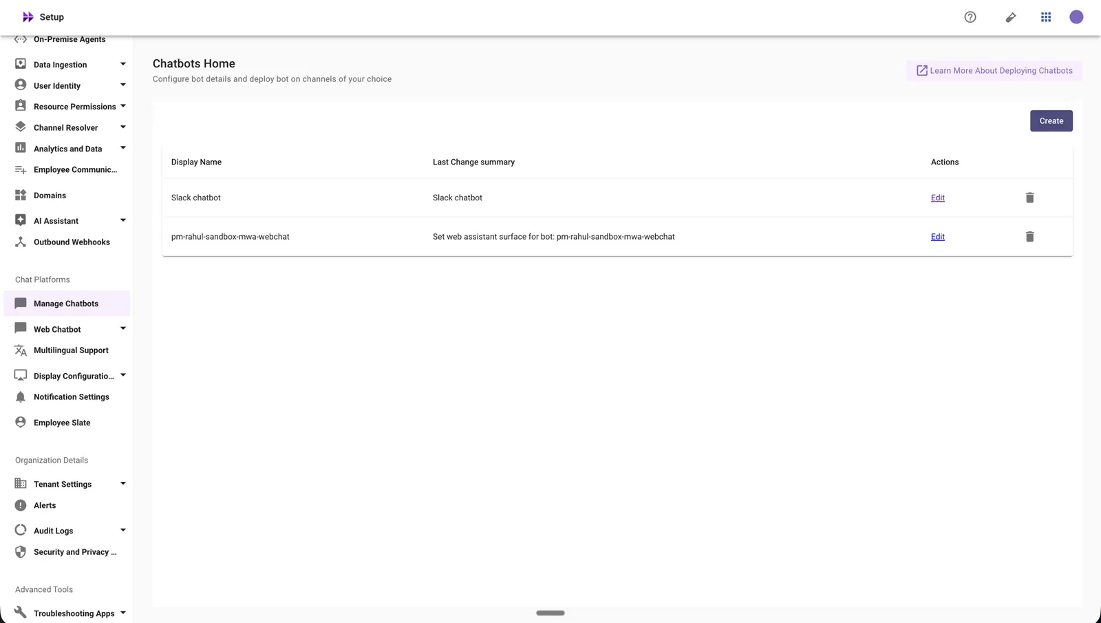 Manage Chatbots — Chatbots Home