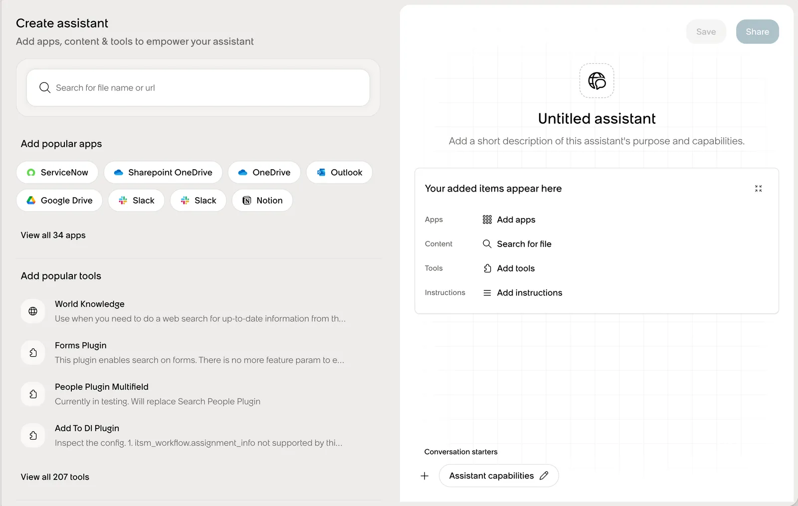 The Create assistant screen in Assistant Builder, with a search field, popular apps such as ServiceNow and Google Drive, popular tools such as World Knowledge, and a preview panel titled Untitled assistant listing Apps, Content, Tools, Instructions, and Conversation starters.