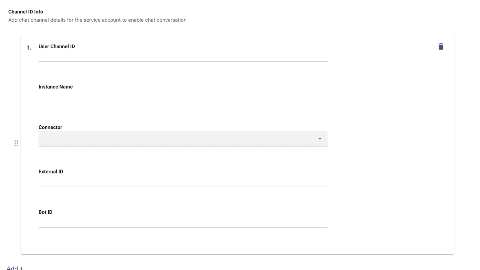 Channel ID Info entry on the Manual User Management page, showing the Connector dropdown