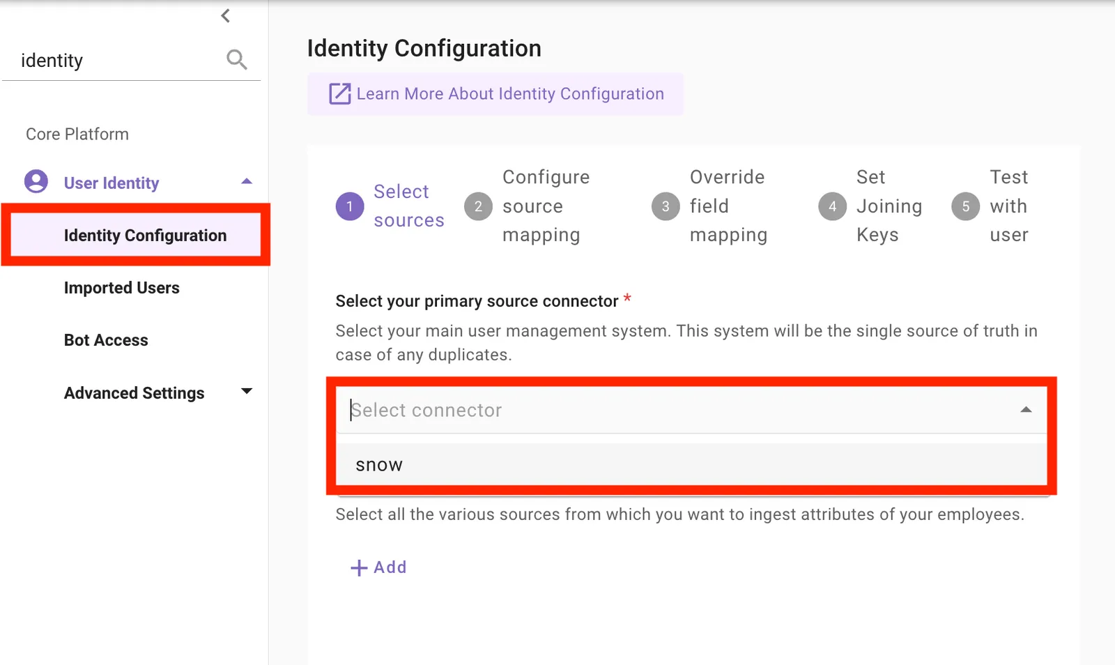 Identity Configuration wizard with the ServiceNow connector selected as the primary source